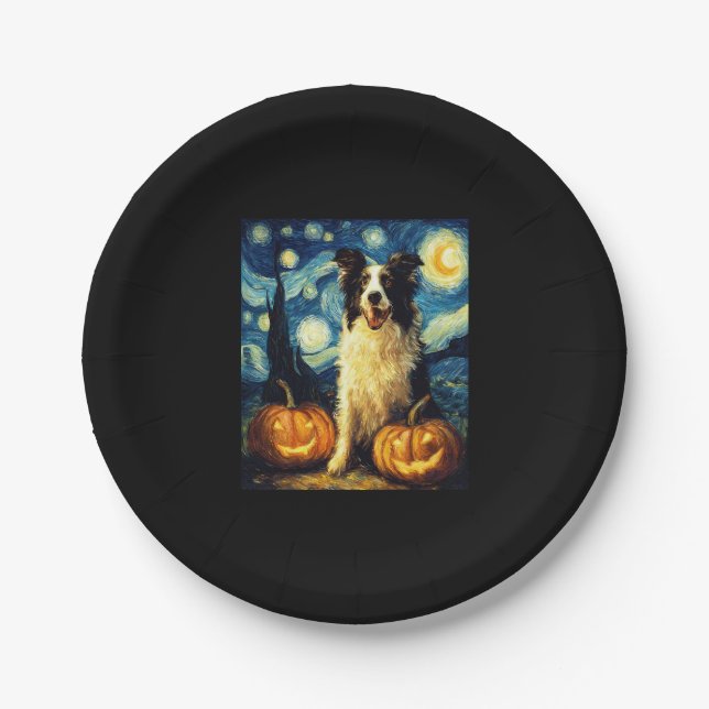 Cute Border Collie Dog Halloween Jack O Lantern Pu Paper Plate (Front)
