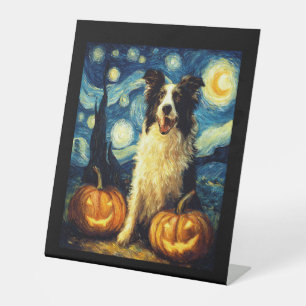 Cute Border Collie Dog Halloween Jack O Lantern Pu Pedestal Sign