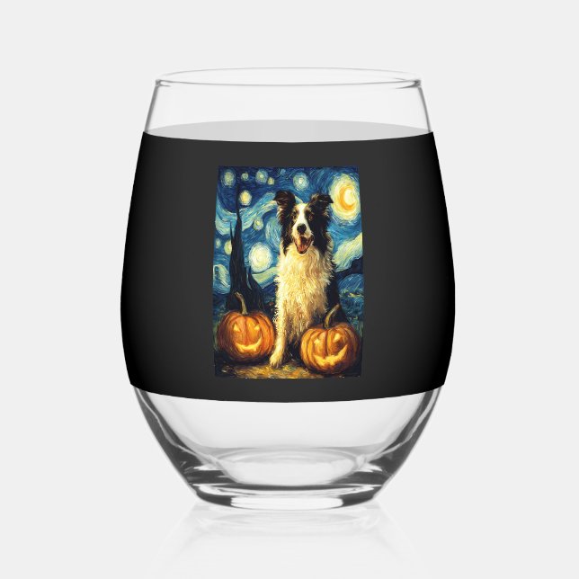 Cute Border Collie Dog Halloween Jack O Lantern Pu Stemless Wine Glass (Front)