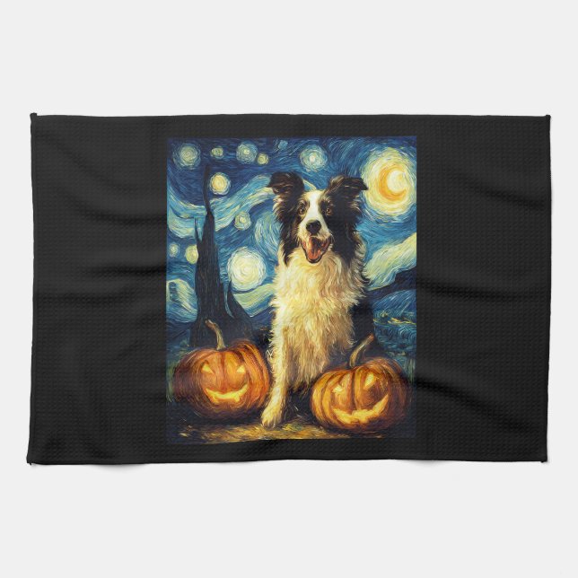 Cute Border Collie Dog Halloween Jack O Lantern Pu Tea Towel (Horizontal)