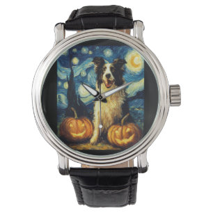 Cute Border Collie Dog Halloween Jack O Lantern Pu Watch