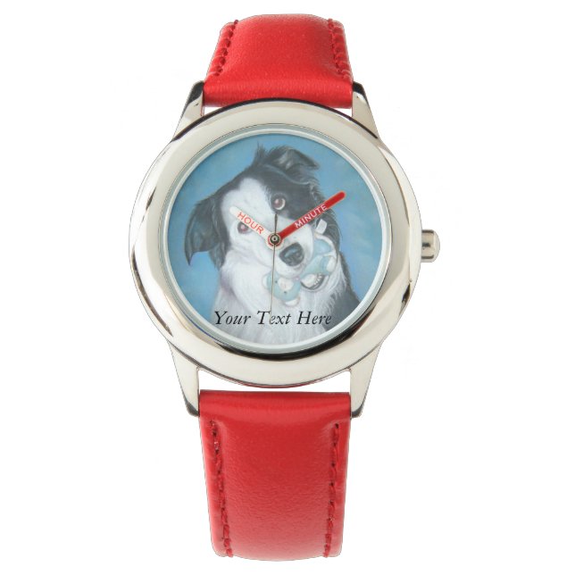 cute border collie dog with blue teddy bear watch (Front)