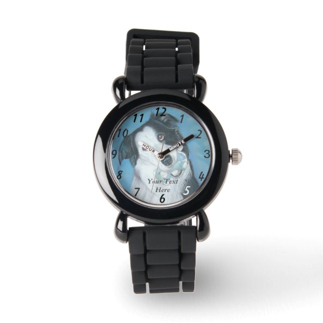cute border collie dog with blue teddy bear watch (Front)