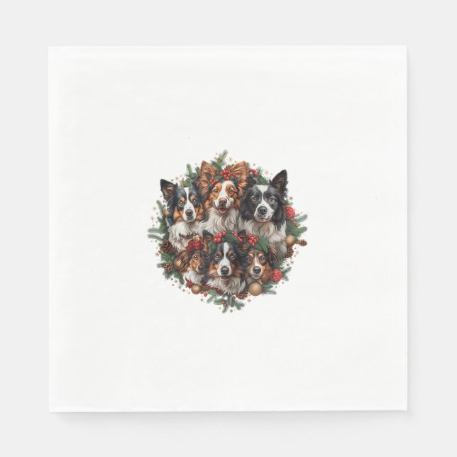 Cute Border Collie Dogs Christmas Wreath Holiday P Napkin (Front)