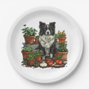 Cute Border Collie Gardening Paper Plate