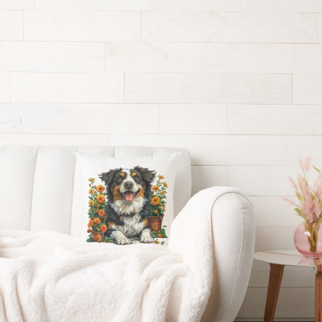 Cute Border Collie In Flowers Cushion (Couch)