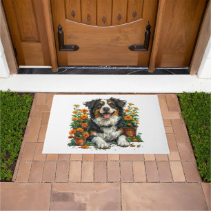 Cute Border Collie In Flowers Doormat
