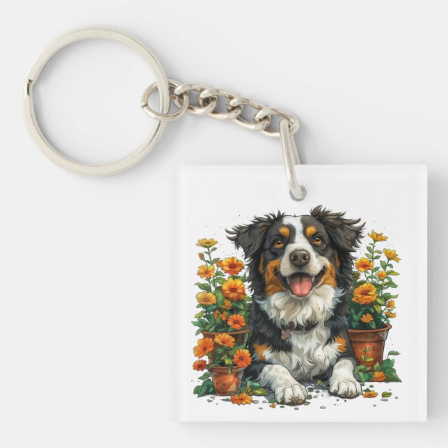 Cute Border Collie In Flowers Key Ring (Front)