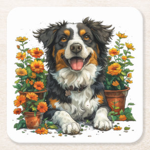 Cute Border Collie In Flowers Square Paper Coaster