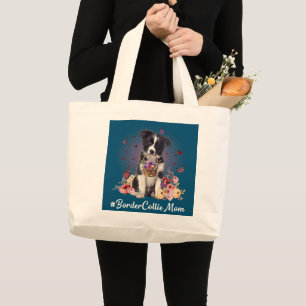 Cute Border Collie Mum Flower Happy Mother's Day Large Tote Bag