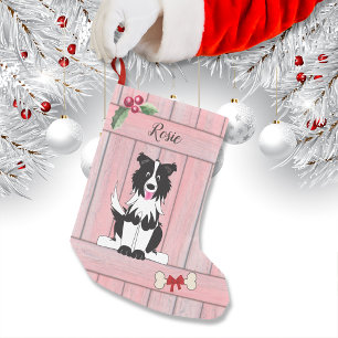 Cute Border Collie Pink Wooden Fence Monogram Small Christmas Stocking