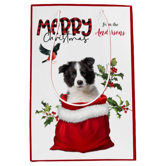 Cute Border Collie Puppy Dog Christmas Medium Gift Bag (Front)