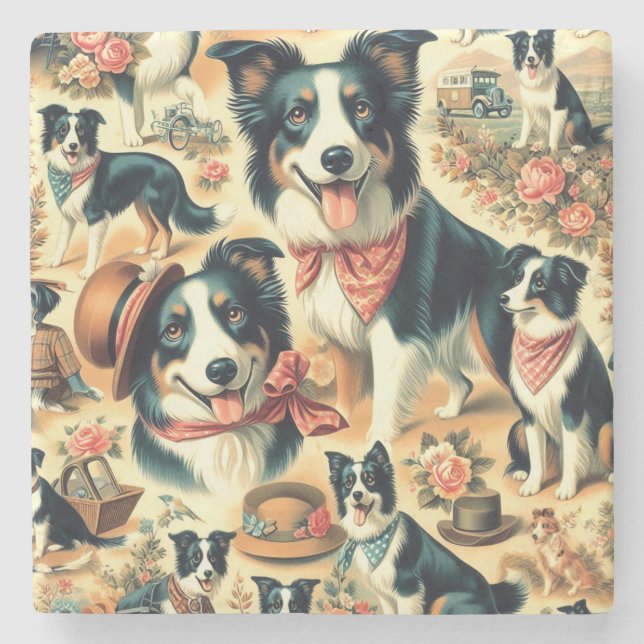 Cute Border Collie Seamless Stone Coaster (Front)
