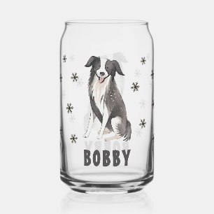 Cute Border Collie Snowflakes Dog Name Can Glass