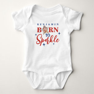 Cute Born To Sparkle Red Script Blue Stars Photo Baby Bodysuit