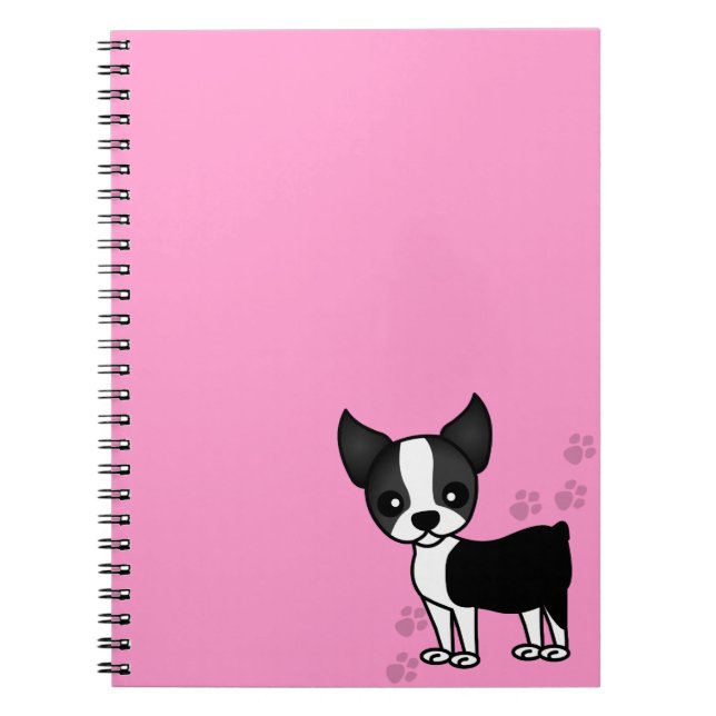 Cute Boston Terrier Cartoon Paw Prints - Pink Notebook (Front)