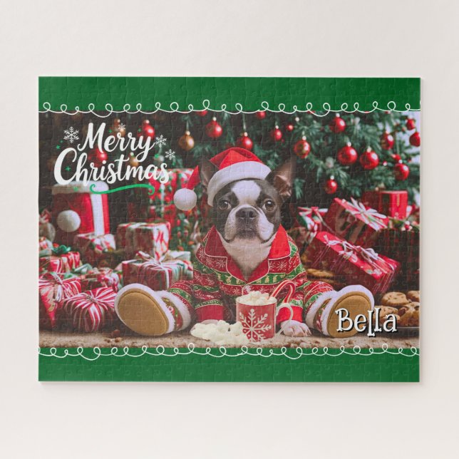 Cute Boston Terrier Christmas Pyjamas Personalised Jigsaw Puzzle (Horizontal)