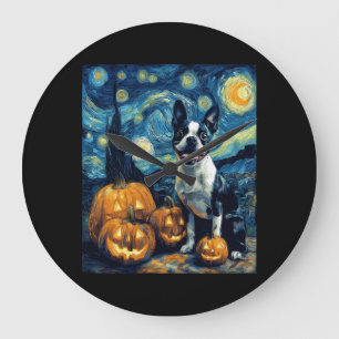 Cute Boston Terrier Dog Halloween Jack O Lantern P Large Clock