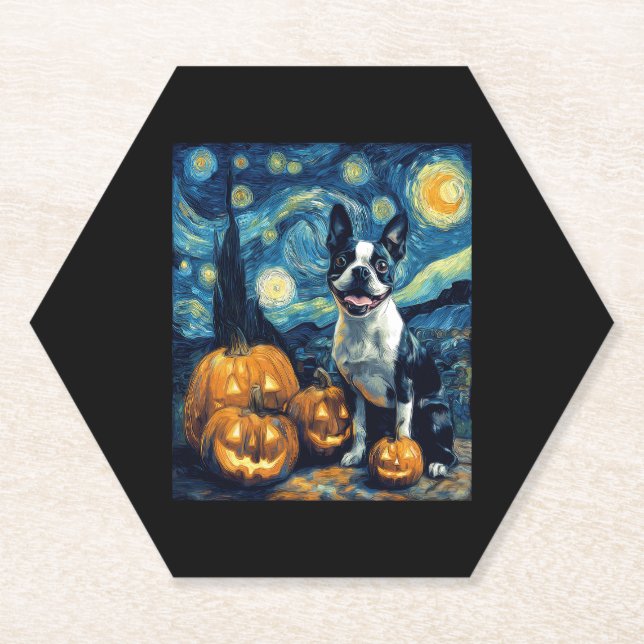 Cute Boston Terrier Dog Halloween Jack O Lantern P Paper Coaster (Front)