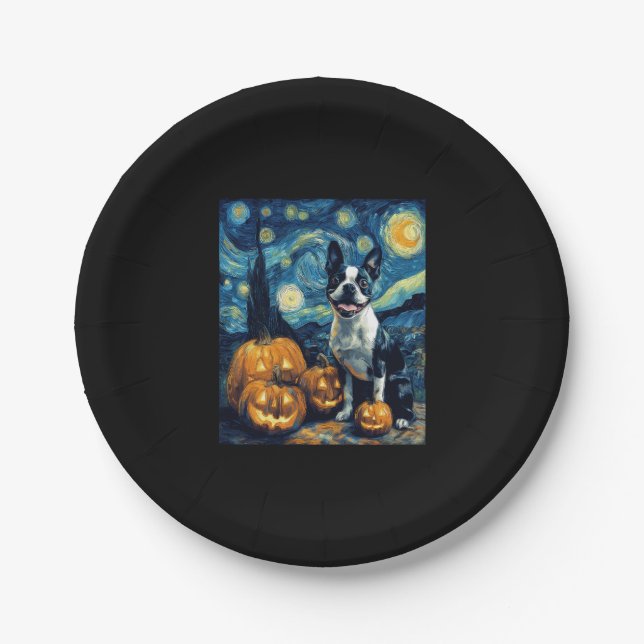 Cute Boston Terrier Dog Halloween Jack O Lantern P Paper Plate (Front)