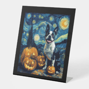 Cute Boston Terrier Dog Halloween Jack O Lantern P Pedestal Sign