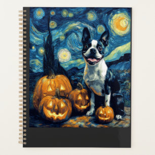 Cute Boston Terrier Dog Halloween Jack O Lantern P Planner