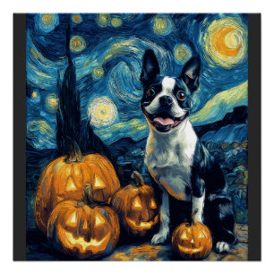 Cute Boston Terrier Dog Halloween Jack O Lantern P Poster