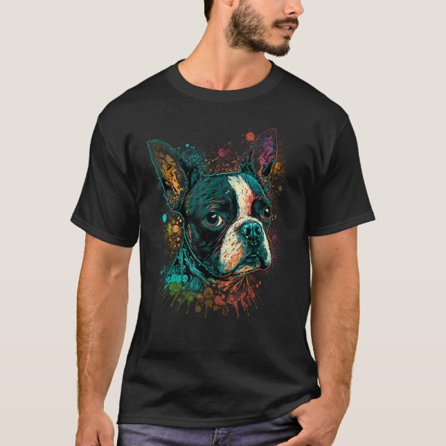 Cute Boston Terrier Dog on Boston Terrier Lover T-Shirt (Front)