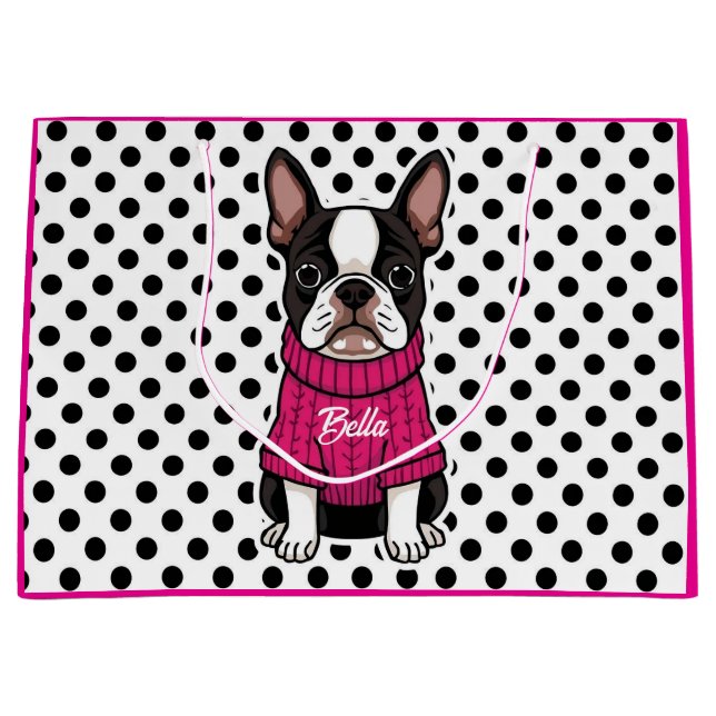 Cute Boston Terrier Dog Pink Sweater Personalised Large Gift Bag (Front)