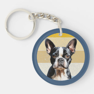 Cute Boston Terrier Dog Retro Background Key Ring