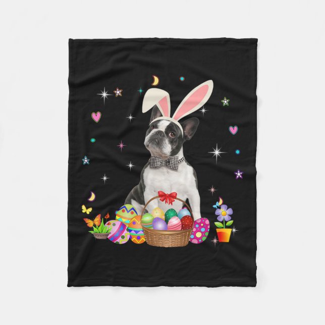 Cute Boston Terrier Easter Day Bunny Eggs Easter  Fleece Blanket (Front)