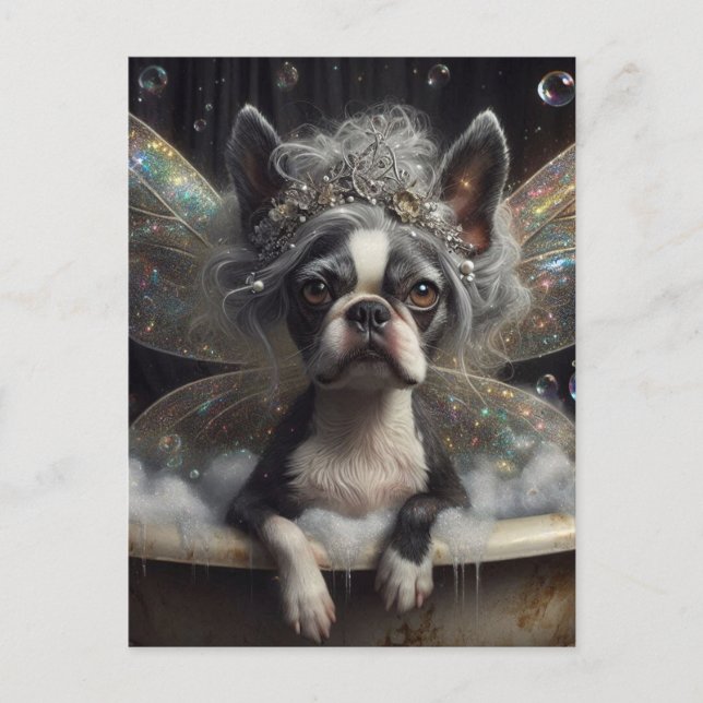 Cute Boston Terrier Fairy in a Bubble Bath Postcard (Front)