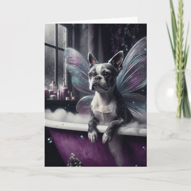 Cute Boston Terrier Fairy  in a Purple Bathtub Card (Front)