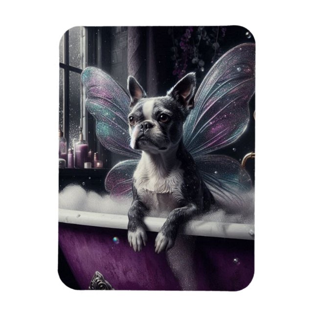 Cute Boston Terrier Fairy  in a Purple Bathtub Magnet (Vertical)