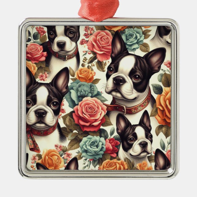 Cute Boston Terrier Illustration Metal Tree Decoration (Front)