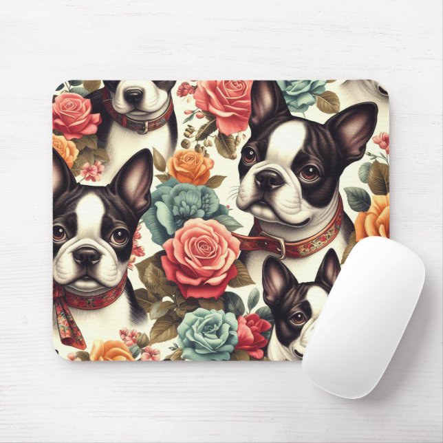 Cute Boston Terrier Illustration Mouse Mat (With Mouse)