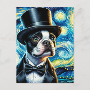 Cute Boston Terrier in a Tophat Van Gogh Postcard