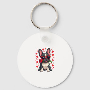 Cute Boston Terrier in Glasses Rose Valentine's Da Key Ring
