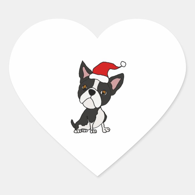 Cute Boston Terrier in Santa Hat Christmas Cartoon Heart Sticker (Front)