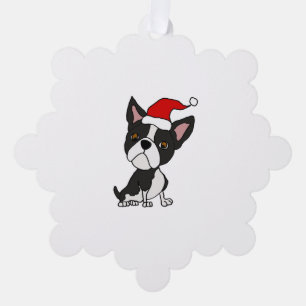 Cute Boston Terrier in Santa Hat Christmas Cartoon Tree Decoration Card