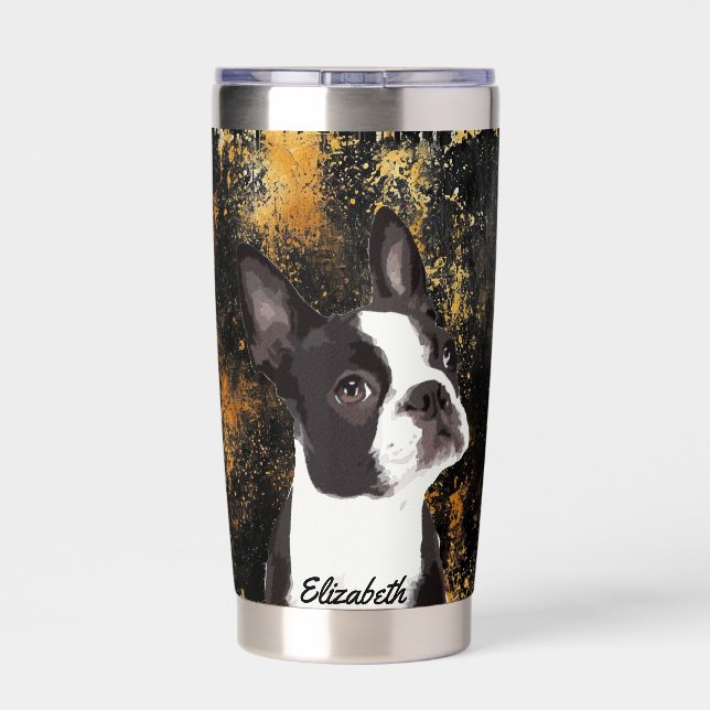 Cute Boston Terrier Name Dog Black Classy Modern Insulated Tumbler (Back)