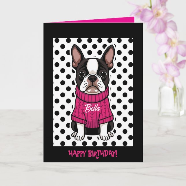 Cute Boston Terrier Personalised Folded Birthday Card (Orchid)