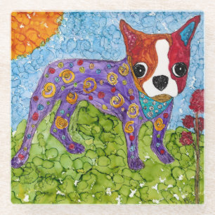 Cute Boston Terrier Puppy Glass Coaster