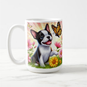 Cute Boston Terrier Puppy Playing With Butterfly  Coffee Mug