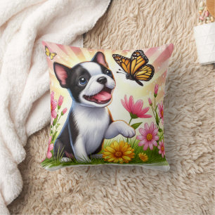 Cute Boston Terrier Puppy Playing With Butterfly  Cushion