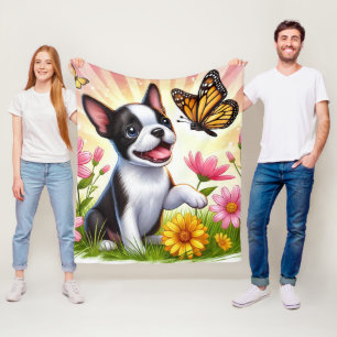 Cute Boston Terrier Puppy Playing With Butterfly  Fleece Blanket