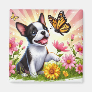 Cute Boston Terrier Puppy Playing With Butterfly  Magnet