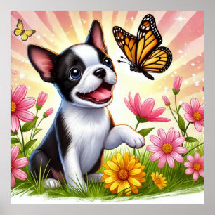 Cute Boston Terrier Puppy Playing With Butterfly  Poster