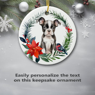 Cute Boston Terrier Puppy Watercolor Poinsettia Ceramic Tree Decoration