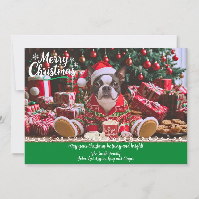 Cute Boston Terrier Pyjamas Personalised Christmas Holiday Card (Front)